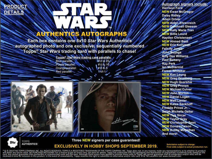 2 RANDOM CHECKLIST ACTORS: 2019 Topps Star Wars Authentics Series 2 Autographed Photo & Trading Card Box ID SWAUTHENS2401